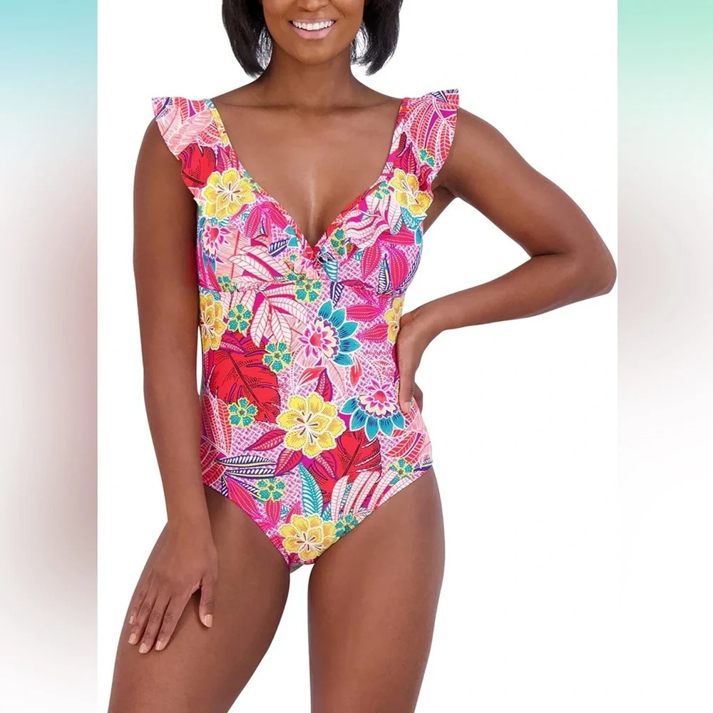 Caribbean Joe Coral/Red Floral Ruffle One Piece Swimsuit Size 12